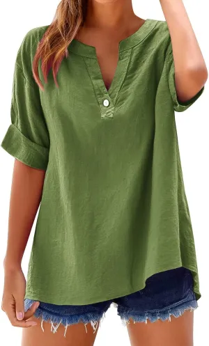 Women's Linen Tops Trendy Loose V Neck Button Down 3/4 Sleeve T-Shirts Casual Breathable Plain Pullover Tee Shirts