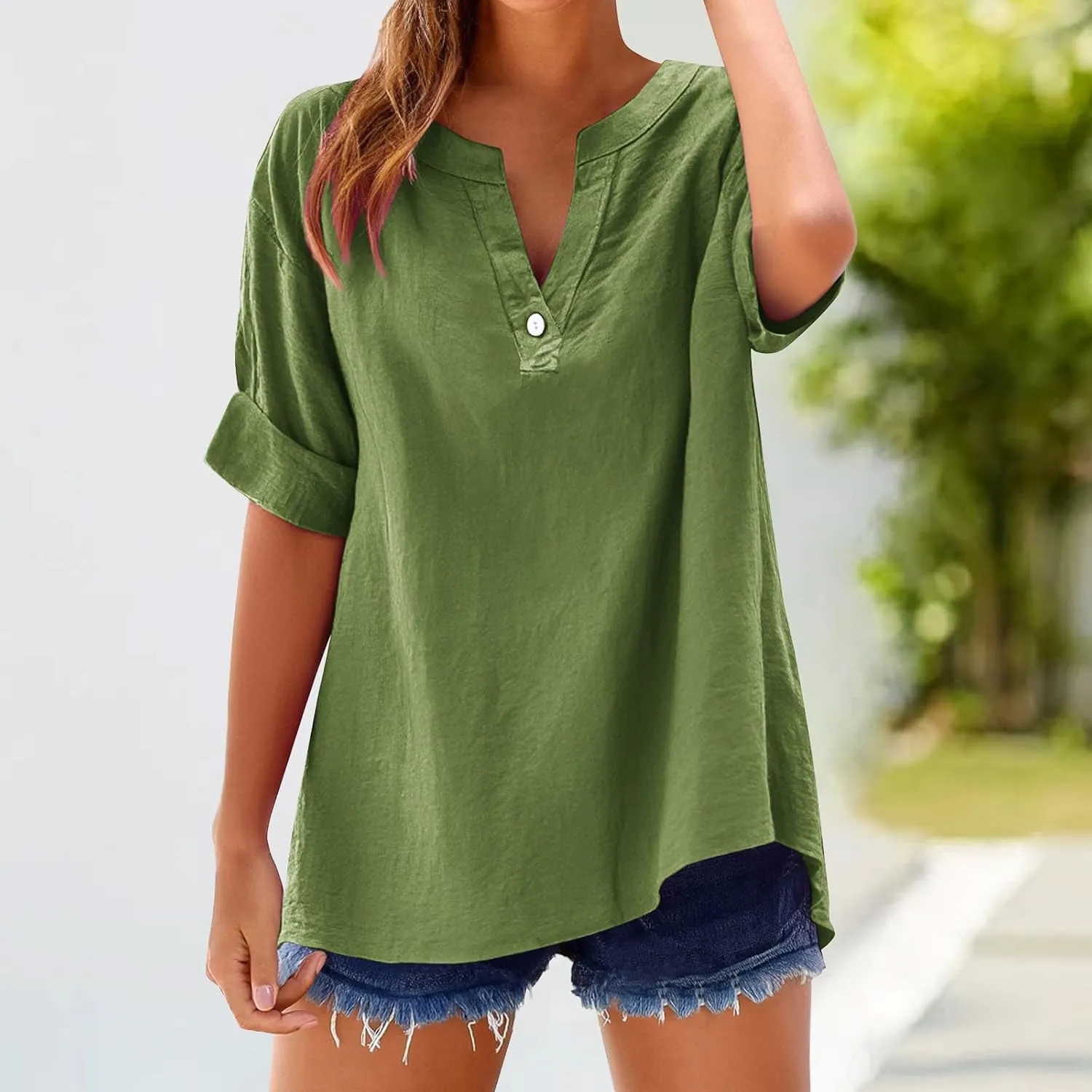 Women's Linen Tops Trendy Loose V Neck Button Down 3/4 Sleeve T-Shirts Casual Breathable Plain Pullover Tee Shirts