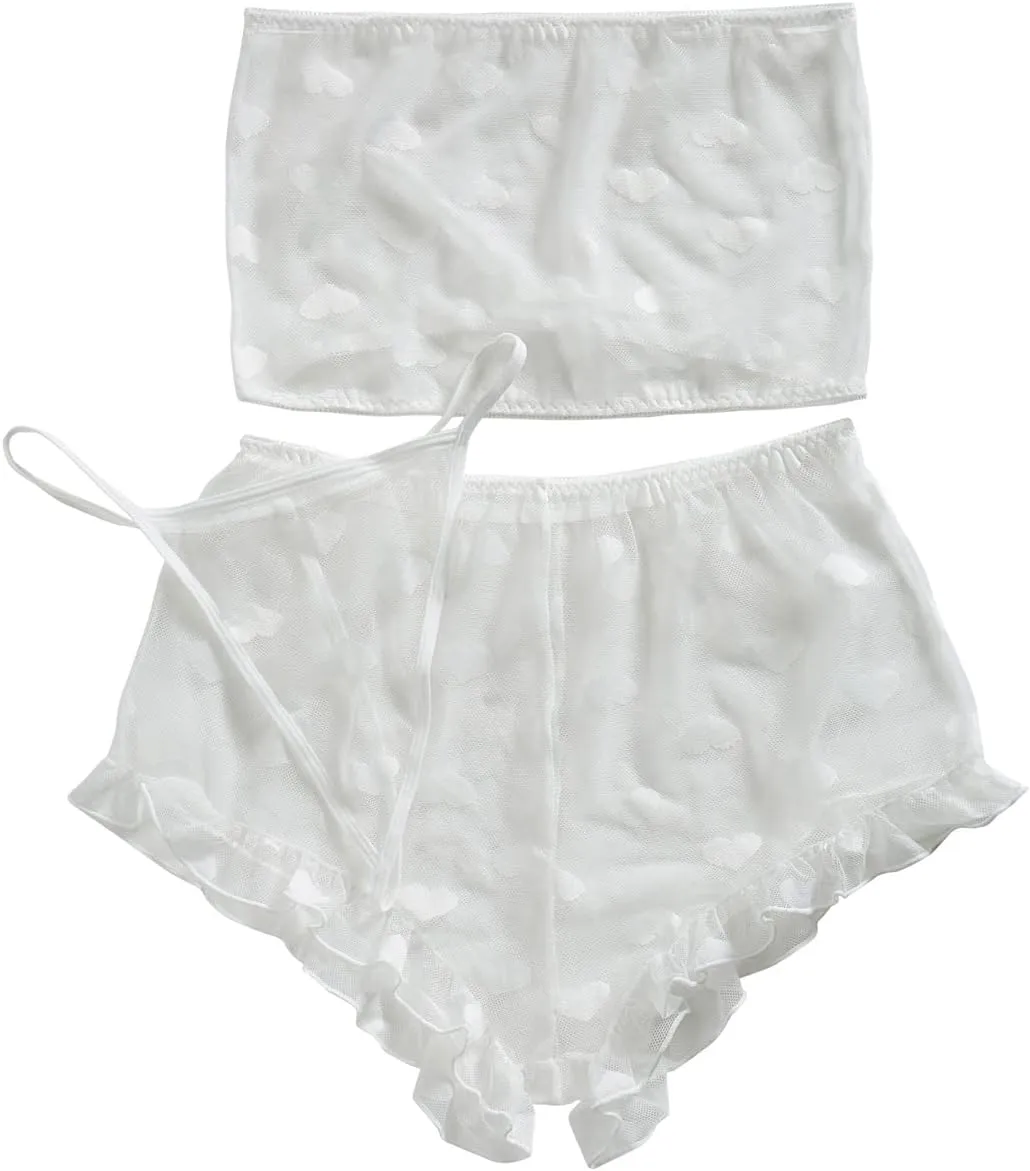 Women's Lingerie Set Stretchy Lace Bandeau Bra Top Underwear with Shorts and Thong Size S-XXL