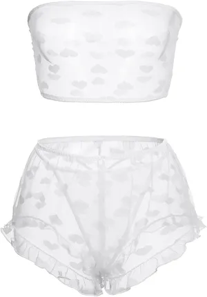 Women's Lingerie Set Stretchy Lace Bandeau Bra Top Underwear with Shorts and Thong Size S-XXL