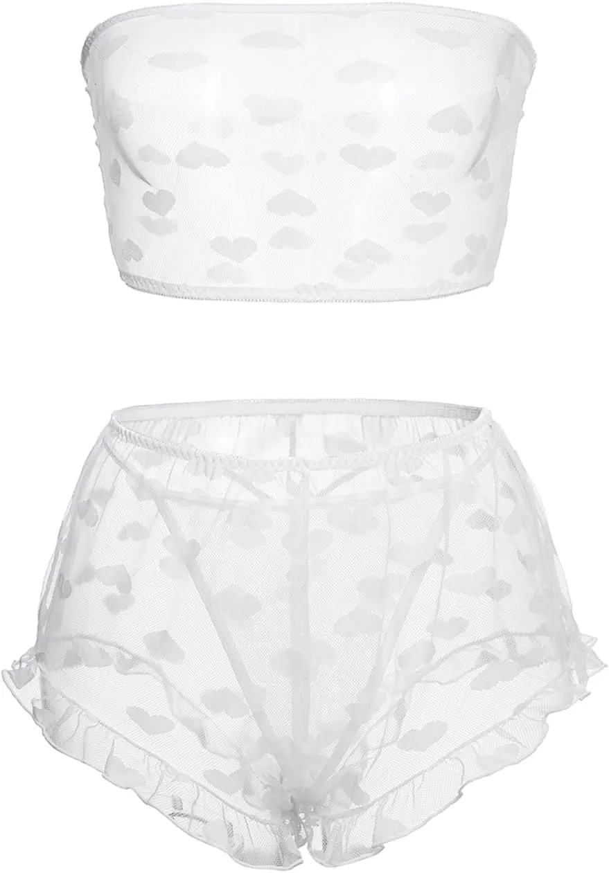 Women's Lingerie Set Stretchy Lace Bandeau Bra Top Underwear with Shorts and Thong Size S-XXL