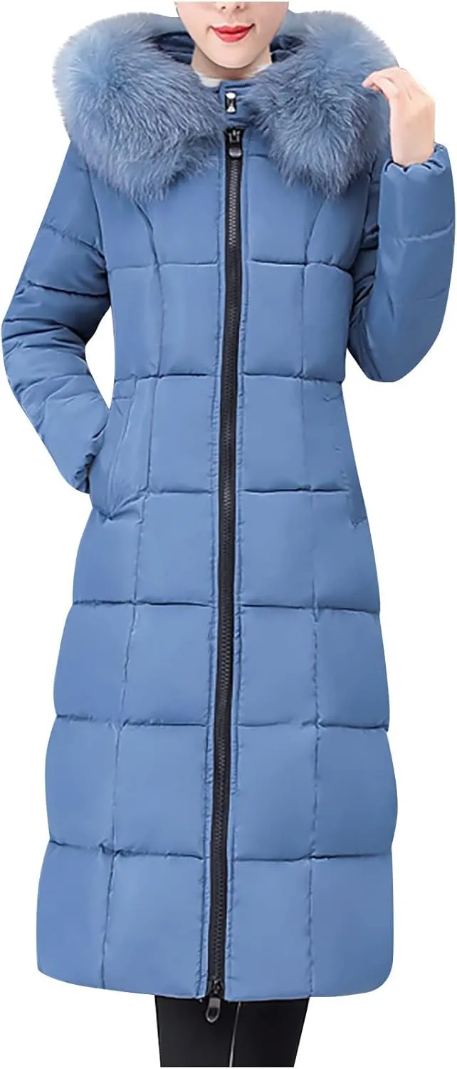 Women's Long Down Coat Winter Maxi Puffer Jacket with Fur Collar Thickened Parka Long Maxi Outdoor Overcoat Outwear