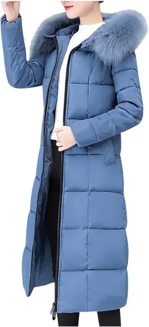 Women's Long Down Coat Winter Maxi Puffer Jacket with Fur Collar Thickened Parka Long Maxi Outdoor Overcoat Outwear