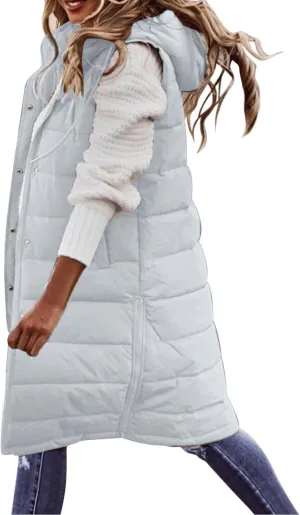 Womens Long Puffer Jacket Vest Warm Winter Coats Fashion Sleeveless Hooded Tanks Down Coat Full Zip Quilted Outwear