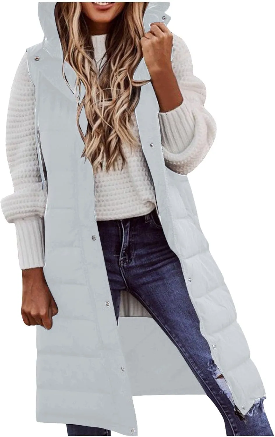 Womens Long Puffer Jacket Vest Warm Winter Coats Fashion Sleeveless Hooded Tanks Down Coat Full Zip Quilted Outwear