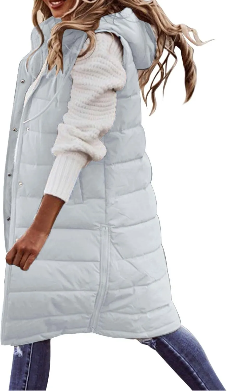 Womens Long Puffer Jacket Vest Warm Winter Coats Fashion Sleeveless Hooded Tanks Down Coat Full Zip Quilted Outwear