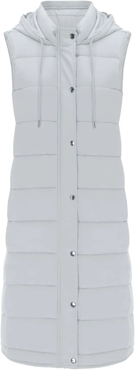 Womens Long Puffer Jacket Vest Warm Winter Coats Fashion Sleeveless Hooded Tanks Down Coat Full Zip Quilted Outwear