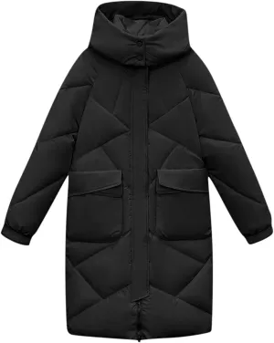 Womens Long Quilted Coat Long Sleeve Zipper Puffer Jacket Solid Hooded Padded Down Coats Thick Warm Winter Outerwear
