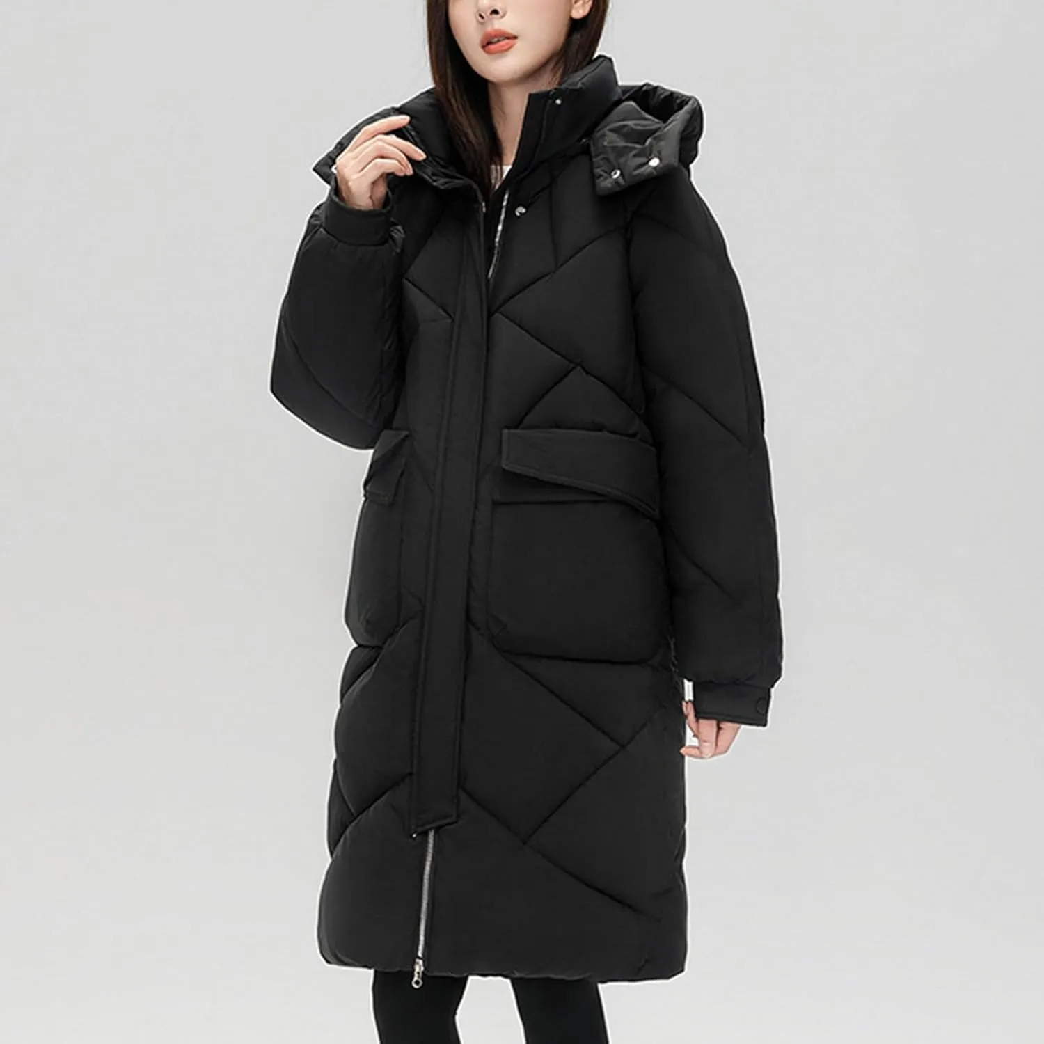 Womens Long Quilted Coat Long Sleeve Zipper Puffer Jacket Solid Hooded Padded Down Coats Thick Warm Winter Outerwear