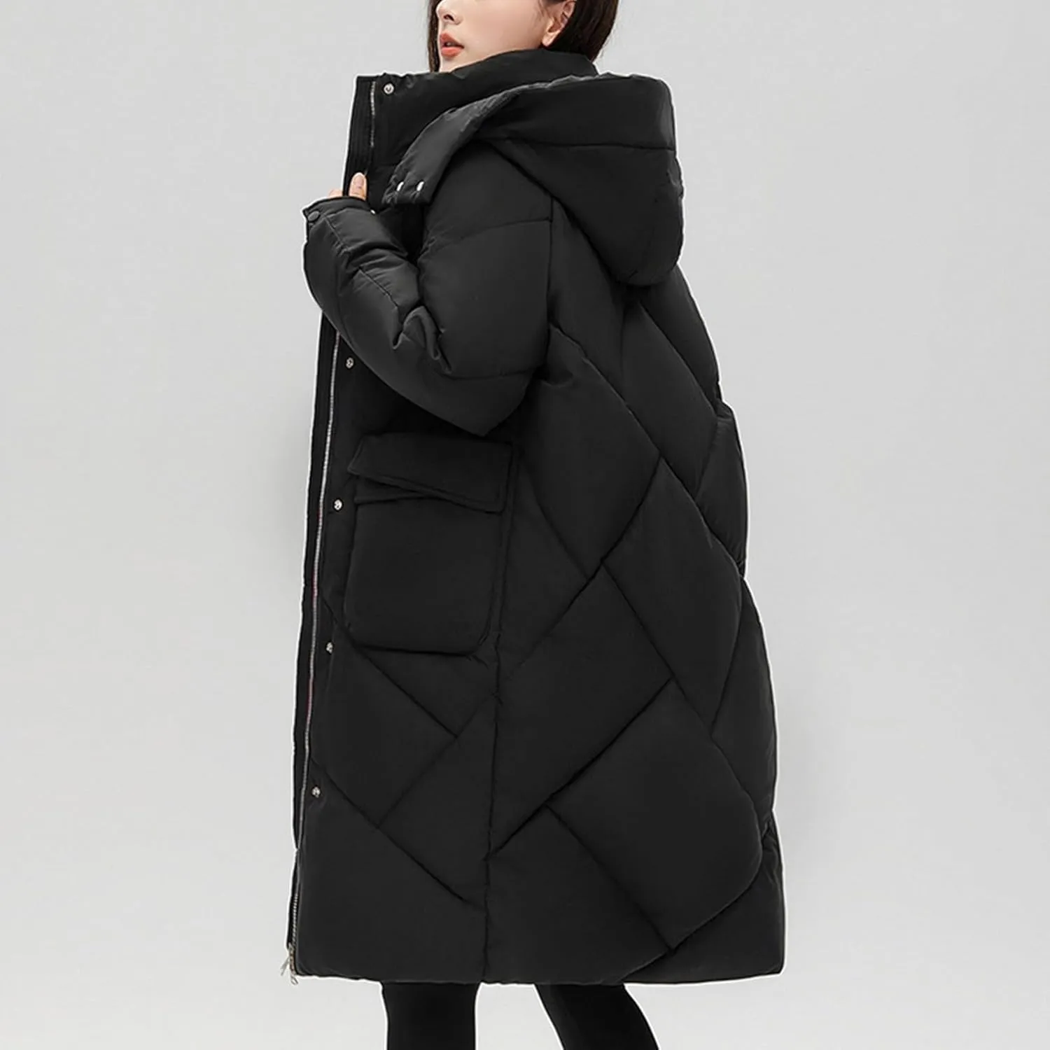 Womens Long Quilted Coat Long Sleeve Zipper Puffer Jacket Solid Hooded Padded Down Coats Thick Warm Winter Outerwear