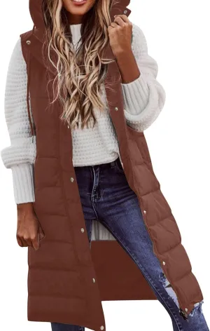 Women's Long Vest Winter Warm Sleeveless Lightweight Puffer Jacket Packable Hooded Down Coat Quilted Vest With Hood