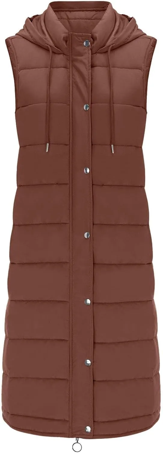 Women's Long Vest Winter Warm Sleeveless Lightweight Puffer Jacket Packable Hooded Down Coat Quilted Vest With Hood