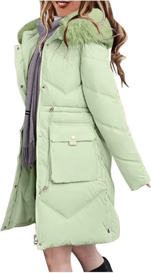 Women's Long Winter Puffer Coat 2024 Trendy Thickened Warm Down Jacket Windproof Parka Outerwear With Faux Fur Hood