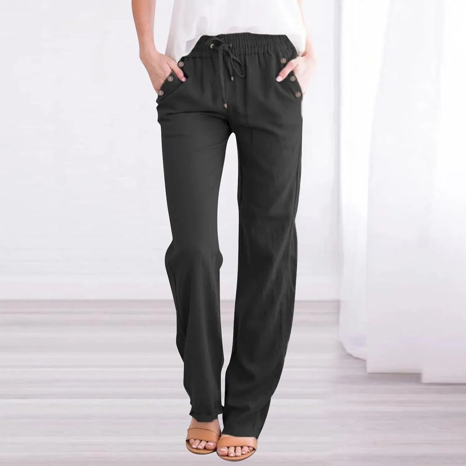 Womens Loose Straight Leg Linen Pants Lightweight Summer High Waist Trousers Drawstring Casual Work Sports Pant Plus