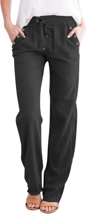 Womens Loose Straight Leg Linen Pants Lightweight Summer High Waist Trousers Drawstring Casual Work Sports Pant Plus
