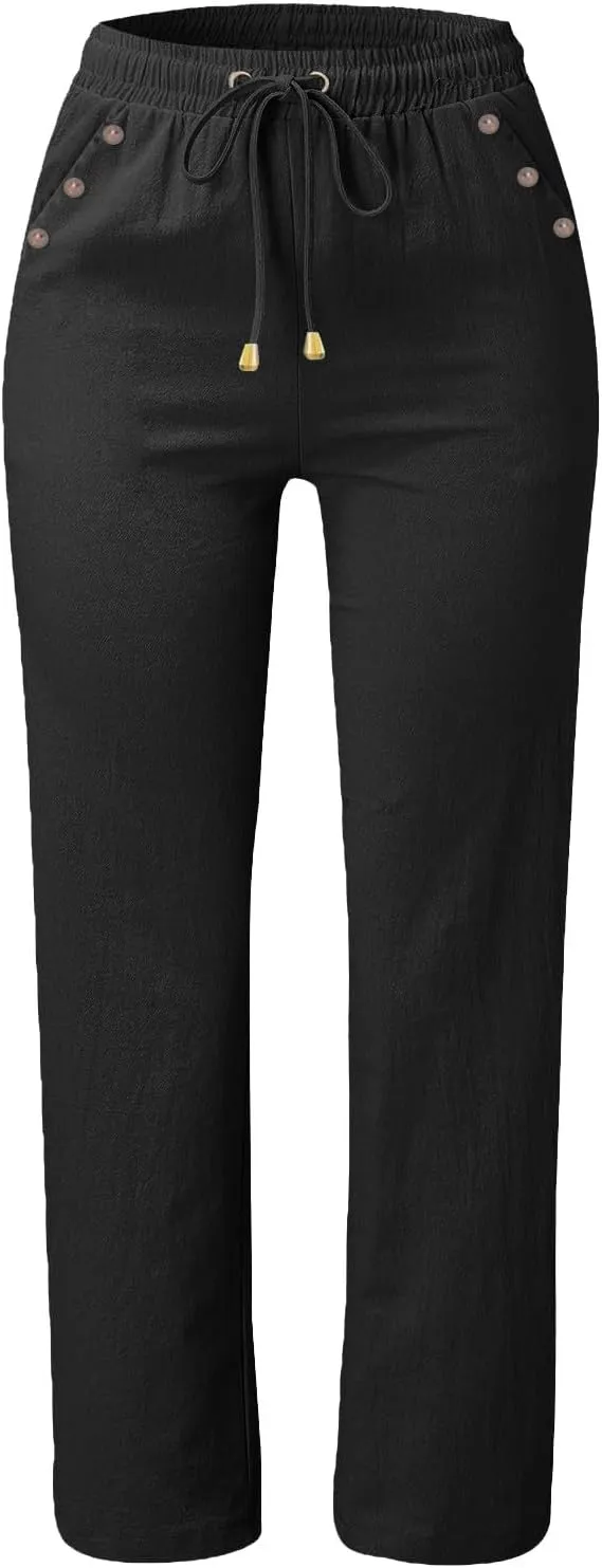 Womens Loose Straight Leg Linen Pants Lightweight Summer High Waist Trousers Drawstring Casual Work Sports Pant Plus