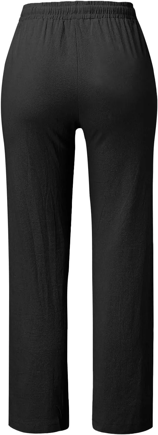 Womens Loose Straight Leg Linen Pants Lightweight Summer High Waist Trousers Drawstring Casual Work Sports Pant Plus