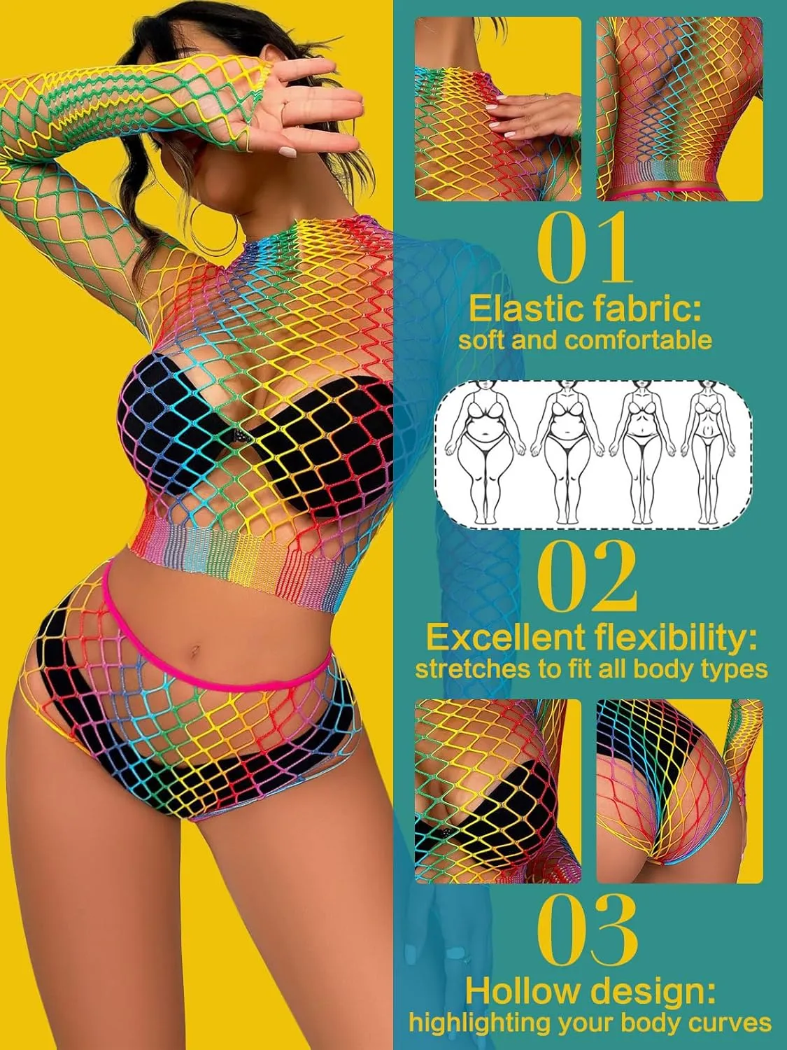 Women's Mesh Lingerie Fishnet Babydoll Mini Dress Bodysuit See Through Shirts Long Sleeves Lingerie Bodysuit Cover Up