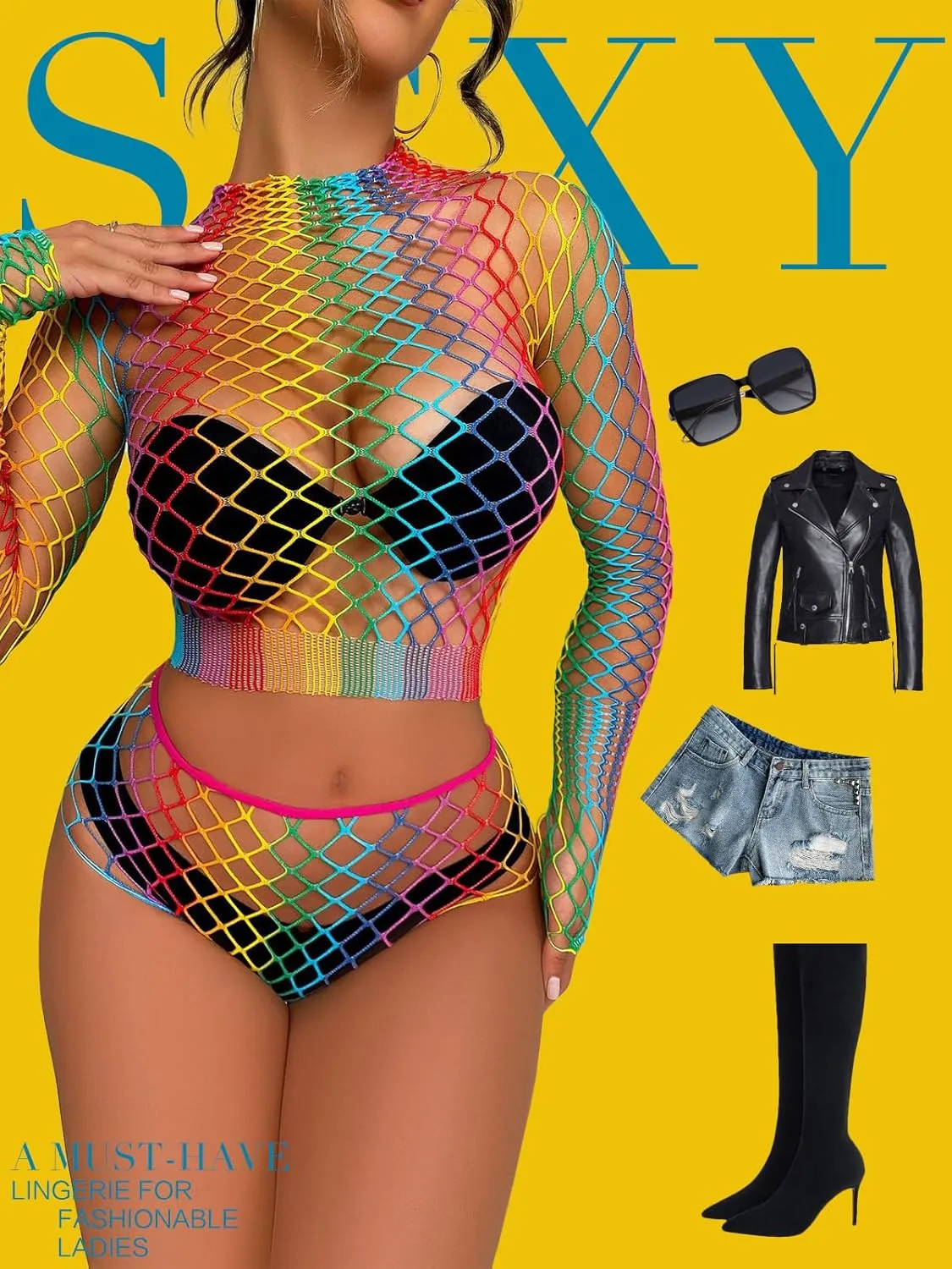 Women's Mesh Lingerie Fishnet Babydoll Mini Dress Bodysuit See Through Shirts Long Sleeves Lingerie Bodysuit Cover Up