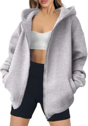 Women's Oversized Zip Up Hoodies Fleece Jacket Casual 2024 Fall Winter Hooded Sweatshirts Drawstring Y2K Hoodie