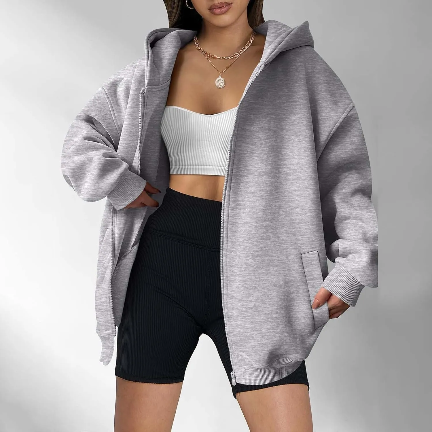 Women's Oversized Zip Up Hoodies Fleece Jacket Casual 2024 Fall Winter Hooded Sweatshirts Drawstring Y2K Hoodie