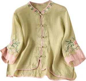 Womens Peasant Tops 3/4 Sleeve Cotton Linen Blouses Summer Fashion Retro Chinese Frog Button Floral Embroidered Shirts