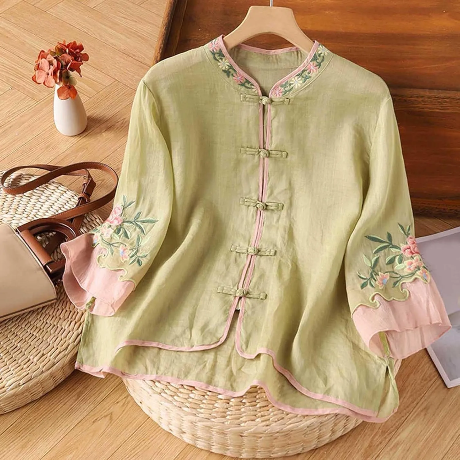 Womens Peasant Tops 3/4 Sleeve Cotton Linen Blouses Summer Fashion Retro Chinese Frog Button Floral Embroidered Shirts