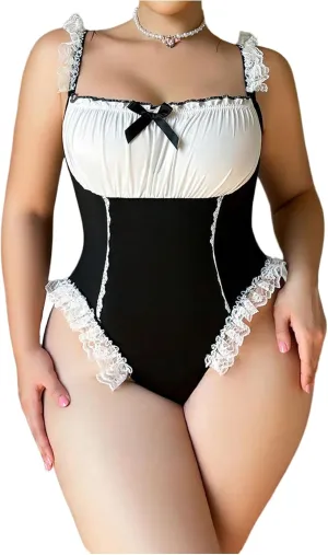 Women's Plus Size Lace Color Block Teddy Maid Lingerie Cut Out Bowknot Frill Bodysuit Nightwear