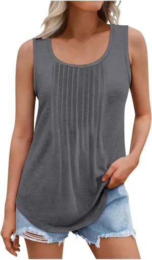 Womens Plus Size Tank Tops Flowy Pleated Tunic Blouse Sleeveless Round Neck Basic Shirts Summer Beach Fashion Clothes