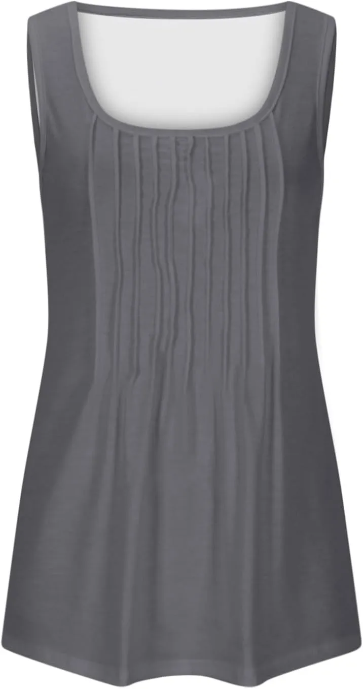 Womens Plus Size Tank Tops Flowy Pleated Tunic Blouse Sleeveless Round Neck Basic Shirts Summer Beach Fashion Clothes