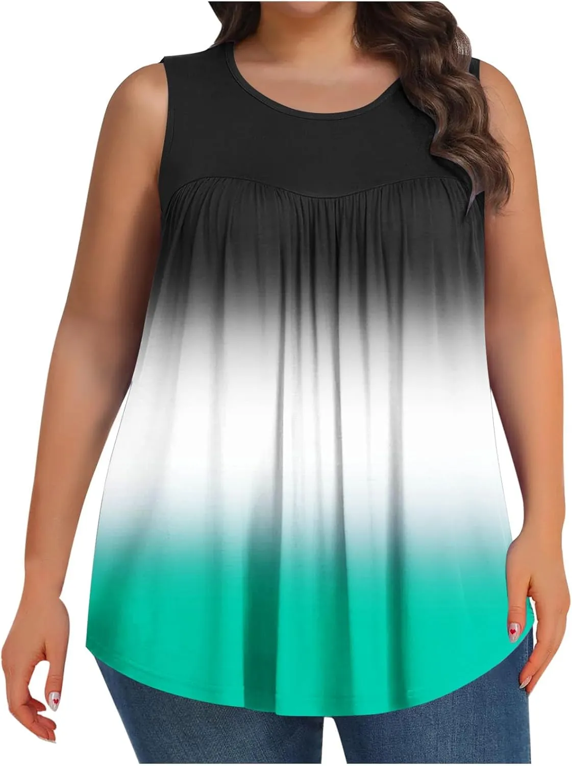 Womens Plus Size Tank Tops Summer Sleeveless Shirts Workout Basic Gradient Comfy Tanks Tee Tunics Flowy Pleated Blouse