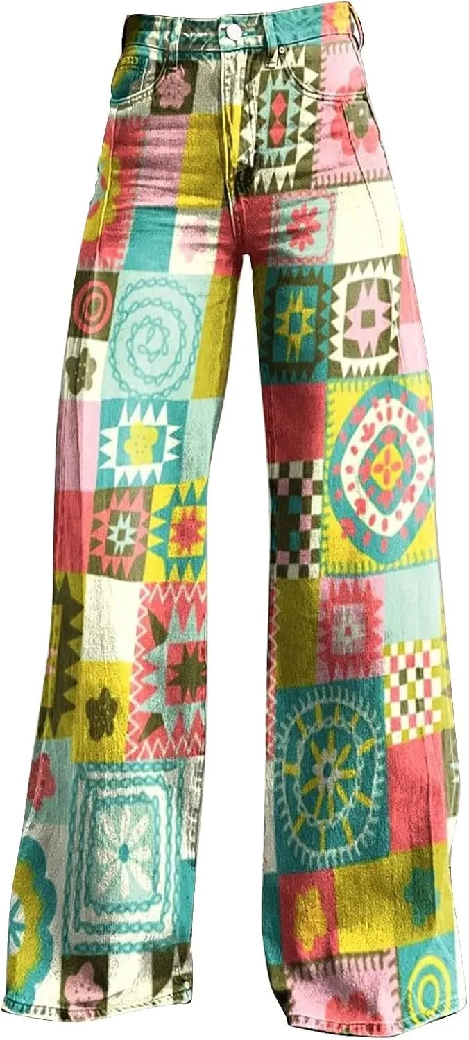 Women's Print Straight Hippie Pants High Waist Casual Trendy Wide Leg Trousers Loose Tie Dye Pants Vintage Cargo Pants