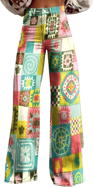 Women's Print Straight Hippie Pants High Waist Casual Trendy Wide Leg Trousers Loose Tie Dye Pants Vintage Cargo Pants