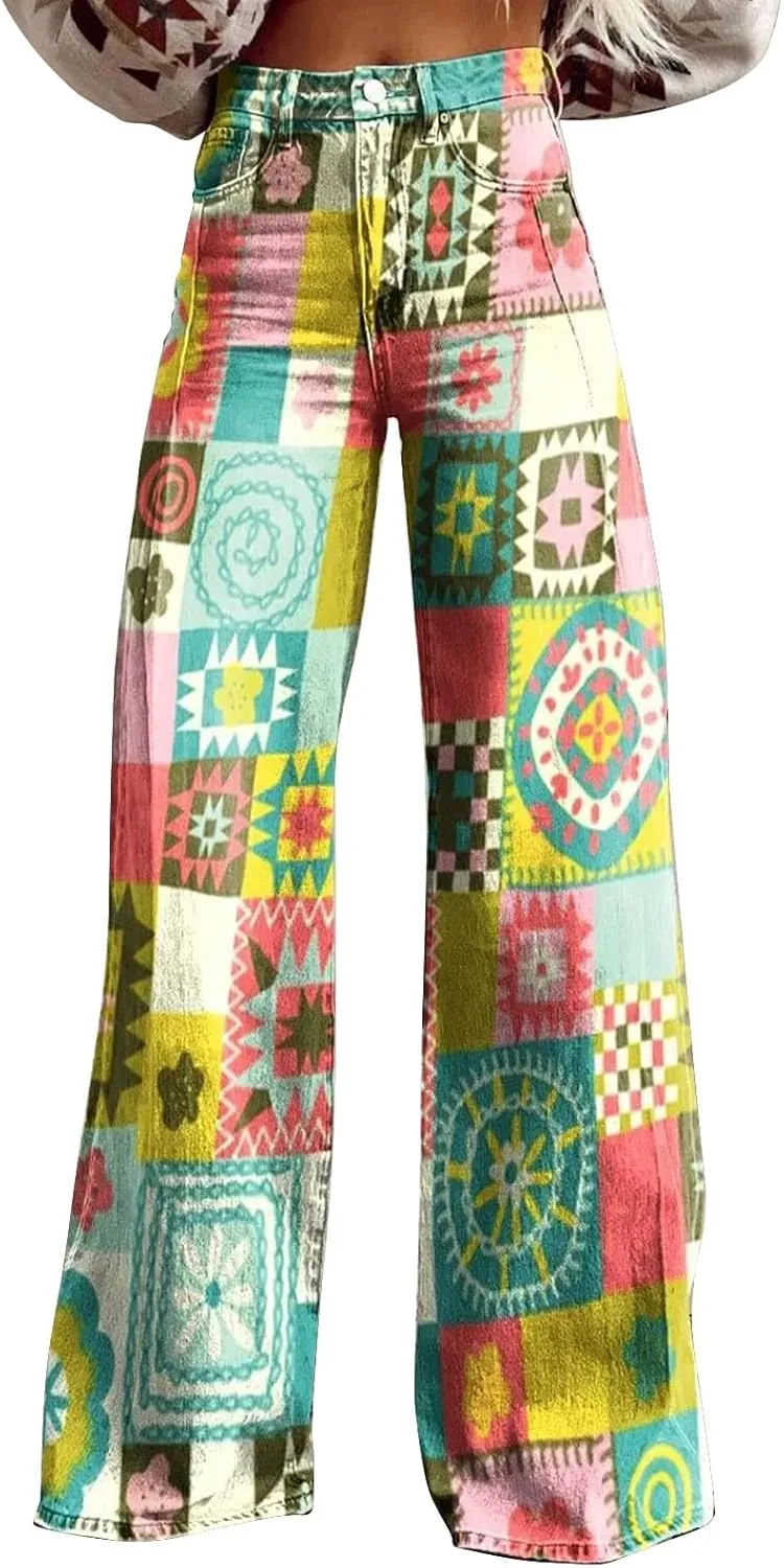 Women's Print Straight Hippie Pants High Waist Casual Trendy Wide Leg Trousers Loose Tie Dye Pants Vintage Cargo Pants
