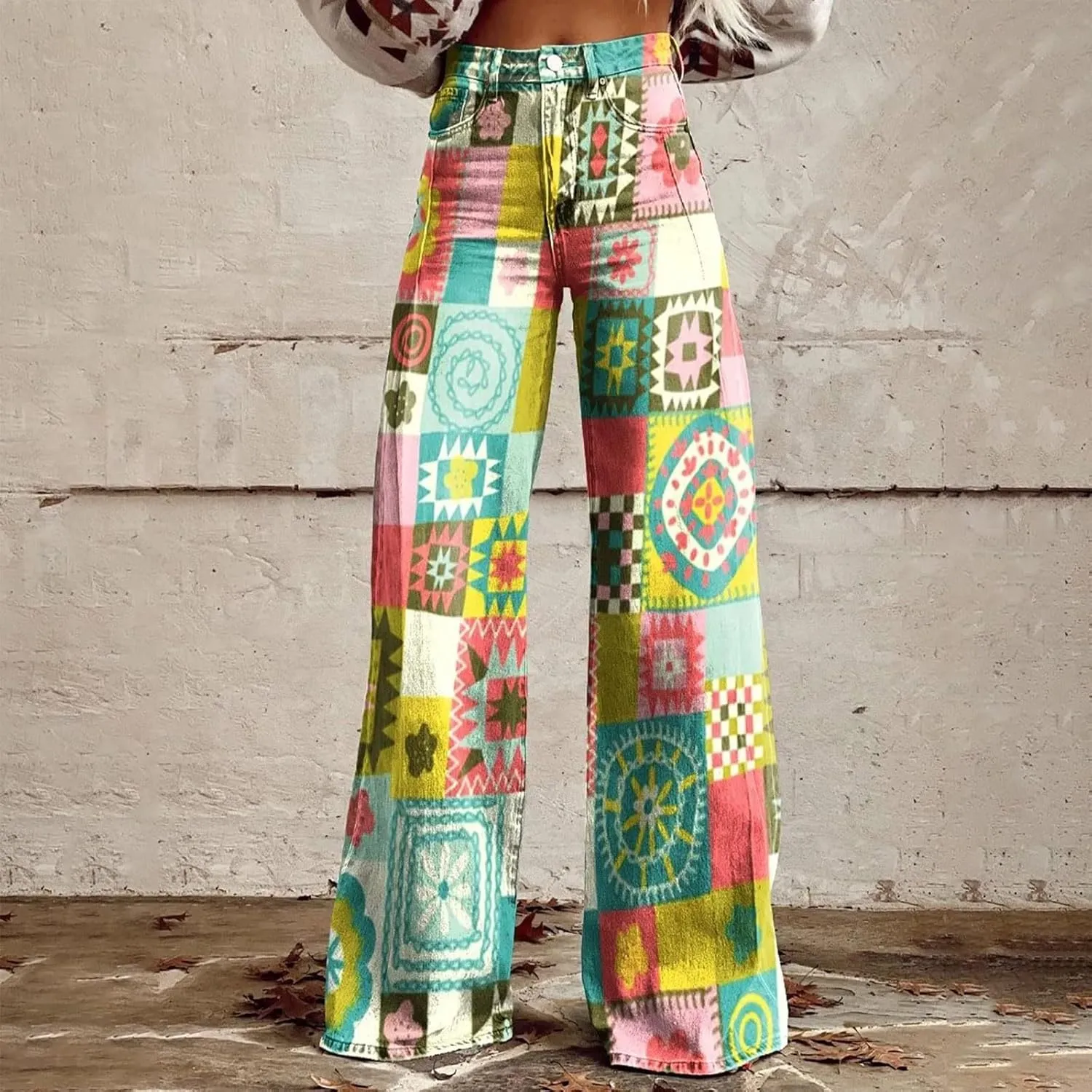 Women's Print Straight Hippie Pants High Waist Casual Trendy Wide Leg Trousers Loose Tie Dye Pants Vintage Cargo Pants