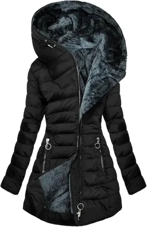Women's Puffer Jacket Zip Up Coats with Pockets Winter Warm Hooded Outerwear Plain Long Down Jackets Comfy Parkas