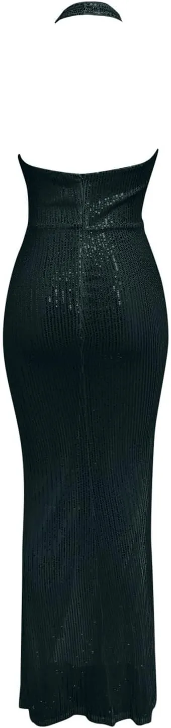 Women's Sexy Halter Neck Bodycon Sequin Gown Evening Dress with Slit Sleeveless Cocktail Prom Club Party Maxi Dresses