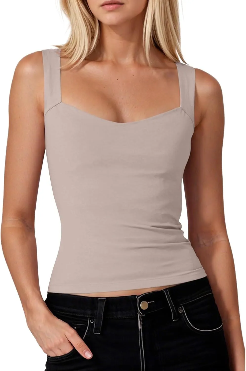 Women's Sexy Tank Tops Square Neck Sleeveless Double Lined Basic Tank Top Slim Fit Crop Camisole Tops Summer Outfits
