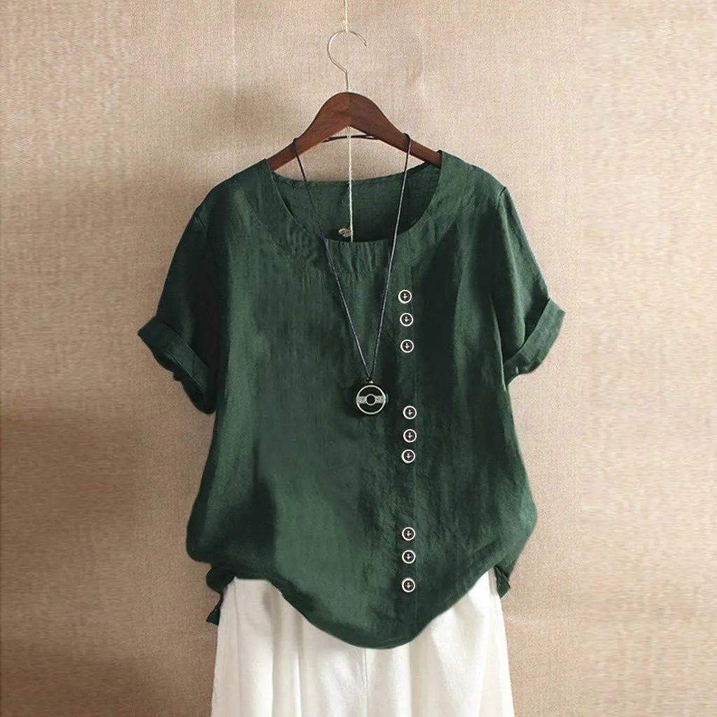 Women's Short Sleeve Linen Shirt Casual V Neck Oversized T Shirts Solid Color Loose Summer Tee Top