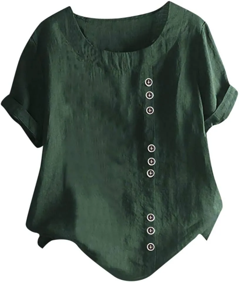 Women's Short Sleeve Linen Shirt Casual V Neck Oversized T Shirts Solid Color Loose Summer Tee Top
