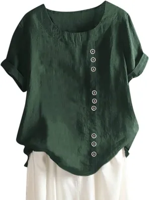 Women's Short Sleeve Linen Shirt Casual V Neck Oversized T Shirts Solid Color Loose Summer Tee Top