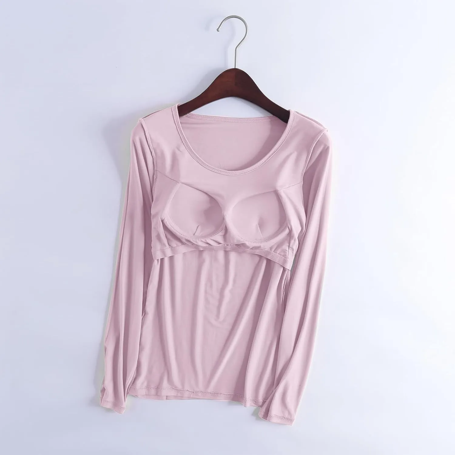 Womens Sleep and Lounge Pajamas Tops Long Sleeve Crewneck Lightweight Tee Built in Bra Ladies Sleep Shirts
