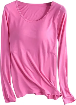 Womens Sleep and Lounge Pajamas Tops Long Sleeve Crewneck Lightweight Tee Built in Bra Ladies Sleep Shirts