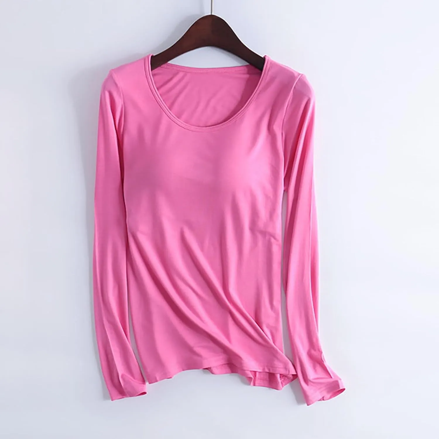 Womens Sleep and Lounge Pajamas Tops Long Sleeve Crewneck Lightweight Tee Built in Bra Ladies Sleep Shirts