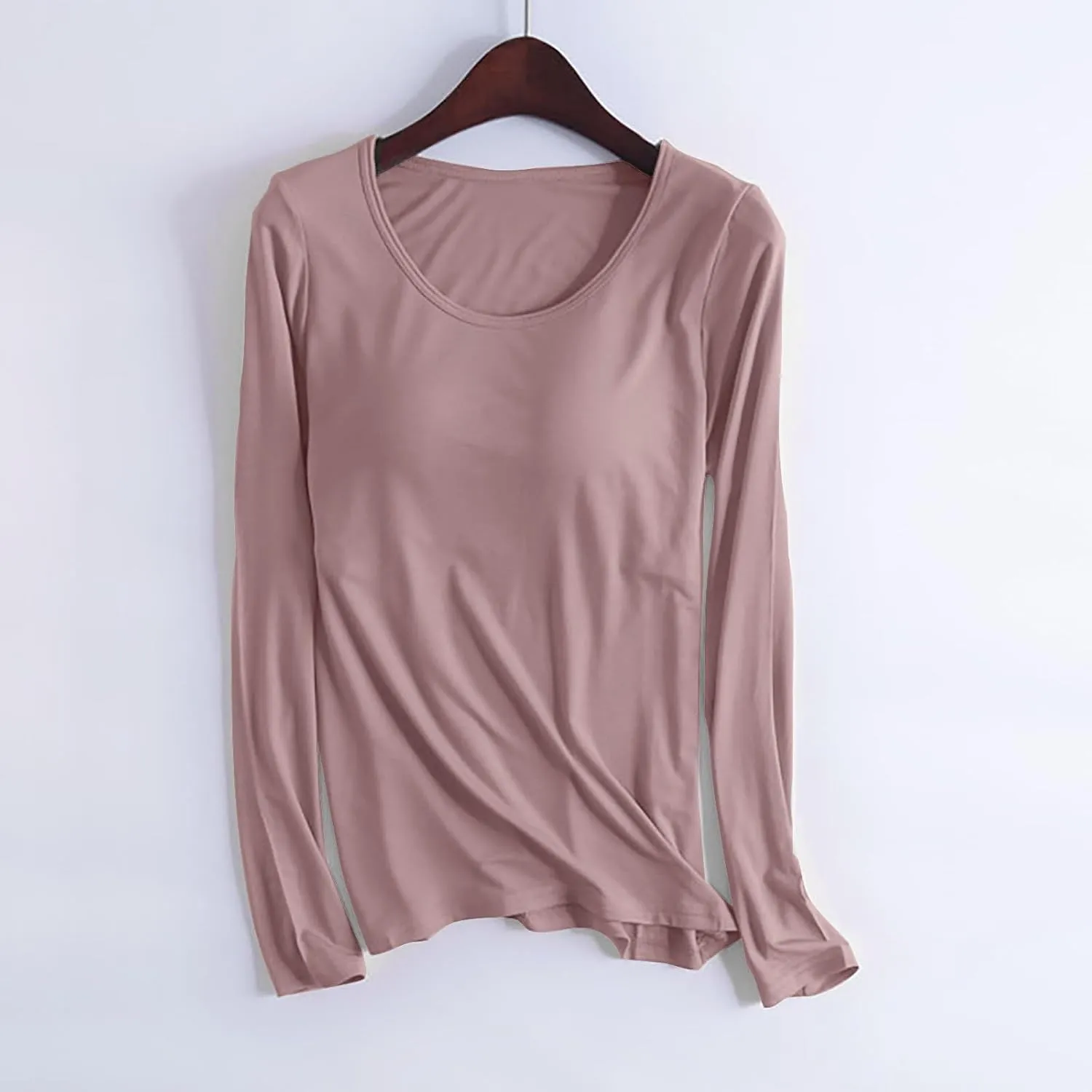 Womens Sleep and Lounge Pajamas Tops Long Sleeve Crewneck Lightweight Tee Built in Bra Ladies Sleep Shirts