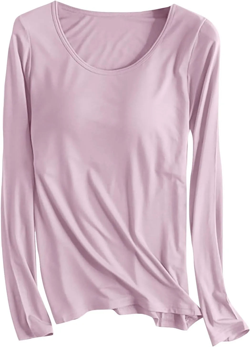 Womens Sleep and Lounge Pajamas Tops Long Sleeve Crewneck Lightweight Tee Built in Bra Ladies Sleep Shirts