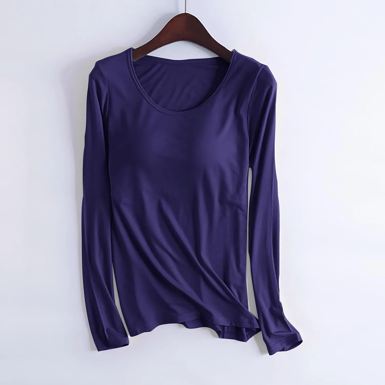 Womens Sleep and Lounge Pajamas Tops Long Sleeve Crewneck Lightweight Tee Built in Bra Ladies Sleep Shirts