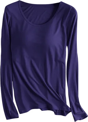 Womens Sleep and Lounge Pajamas Tops Long Sleeve Crewneck Lightweight Tee Built in Bra Ladies Sleep Shirts
