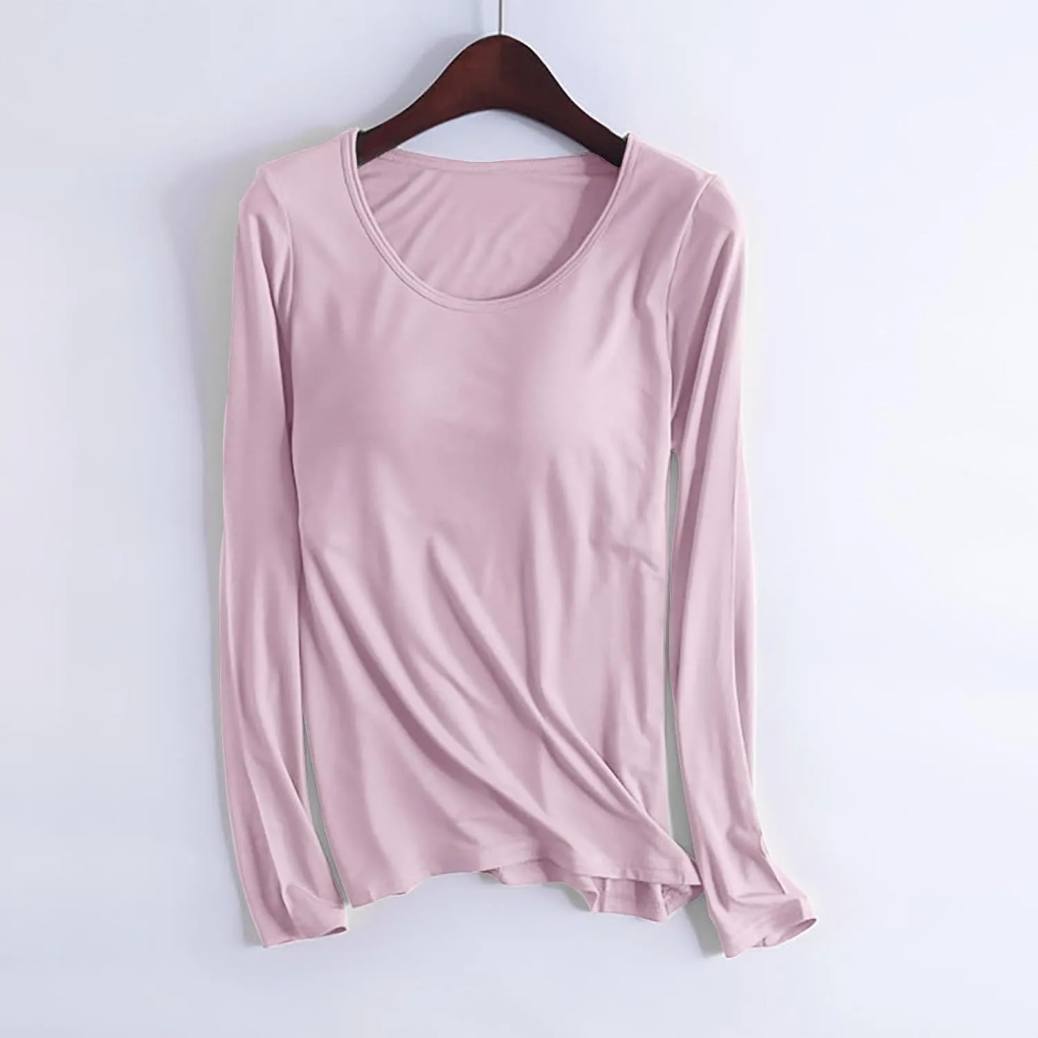 Womens Sleep and Lounge Pajamas Tops Long Sleeve Crewneck Lightweight Tee Built in Bra Ladies Sleep Shirts
