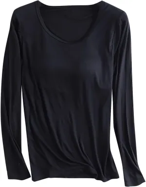 Womens Sleep and Lounge Pajamas Tops Long Sleeve Crewneck Lightweight Tee Built in Bra Ladies Sleep Shirts